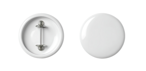 Two blank, round, white, promotional pins