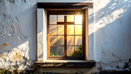 Sunlight streams through a weathered window