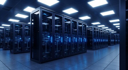 Interior of a modern data center with rows of server racks, illuminated with blue lights, showcasing advanced technology and digital infrastructure.