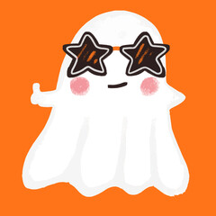 Cute spooky kawaii halloween ghost devil wearing black star shape sunglasses like a rockstar. Kids nursery children illustration icon clipart sticker
