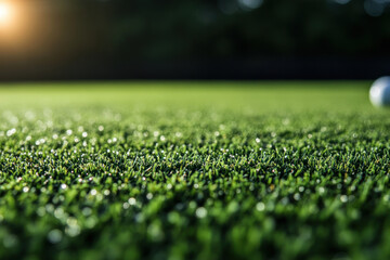 Close up view of dew covered grass blades on a pristine putting green with a distant golf ball at the edge, capturing texture, light, and a fresh morning atmosphere.