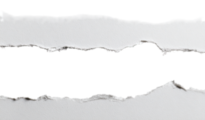 Torn paper, black hole, white background. Two horizontal strips of ripped paper against a black background, leaving a hole. Rough, uneven edges