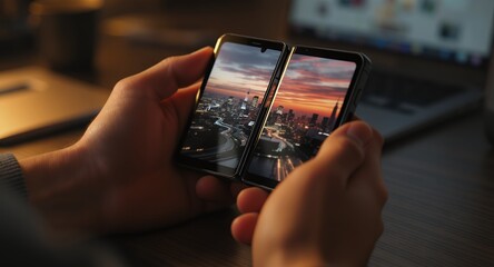Person holding a foldable phone displaying a cityscape at sunset