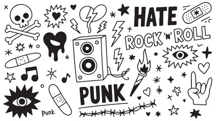 Obraz premium Punk Rock Doodle Icons: Music, Rebellion, and Graphic Design Elements