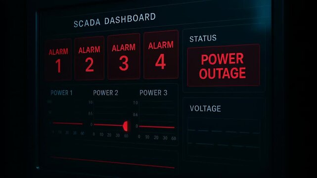 Power outage alert SCADA dashboard multiple alarms urgent attention required system failure power monitoring status voltage system alarm dashboard