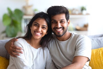 Smiling young Indian couple sitting hugging on sofa. Woman and man spending time together and relaxing in home environment