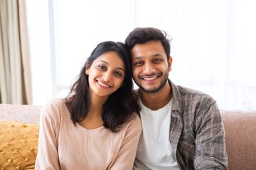 Smiling young Indian couple sitting hugging on sofa. Woman and man spending time together and relaxing in home environment