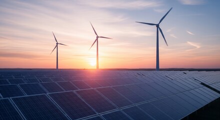 Renewable Energy Solar Panels and Wind Turbines at Sunset