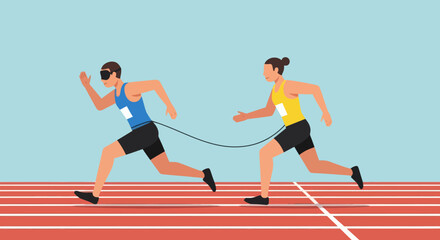 Two runners one blindfolded tethered together on a red track under a light blue sky