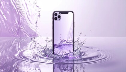 A black, modern smartphone is partially submerged in light purple water, with splashes and ripples all around, set against a solid, light purple background