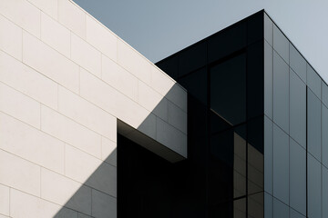 Striking architecture featuring modern lines and contrasting light on a sleek building creating a dynamic geometric composition