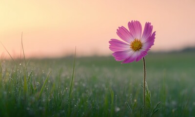 Fototapeta premium A solitary pink cosmos flower in a dewy meadow at dawn. Soft, pastel colors of sunrise paint the scene