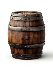 Obraz premium Wooden Barrel With Metal Accents Stands on a White Background
