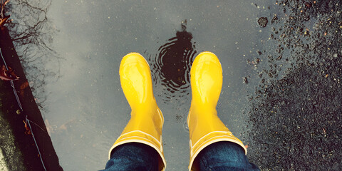 Child Jumping in Puddle on Rainy Day