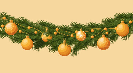 A green fir garland is decorated with gold baubles and beaded string