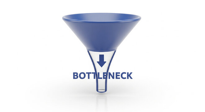 Conceptual blue funnel with 'BOTTLENECK' text on an isolated transparent background, illustrating a business or process limitation.