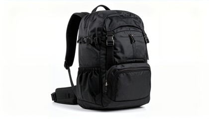 A black outdoor backpack with multiple compartments and adjustable straps, designed for hiking, travel, or daily use, shown on a white background.