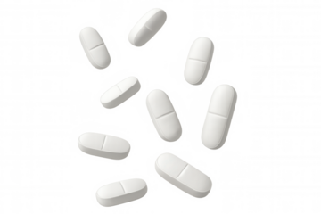 White pills falling against a transparent background, perfect for pharmaceutical or healthcare-related projects