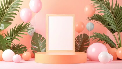A pastel, tropical scene with a blank frame atop a platform, surrounded by balloons and lush palm fronds, all bathed in soft, peachy hues