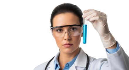 Scientist Holding Up A Test Tube With Blue Liquid Wearing Safety Goggles And Lab Coat
