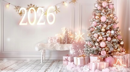 Pink Christmas Tree Decorated with Ornaments and Gifts in Festive Room for New Year Celebration
