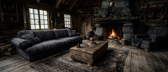 A dark-colored sofa and wooden coffee table in a rustic cabin interior with a fireplace.