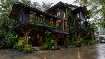 A dark-wood, multi-story house surrounded by lush green vegetation in the rain.