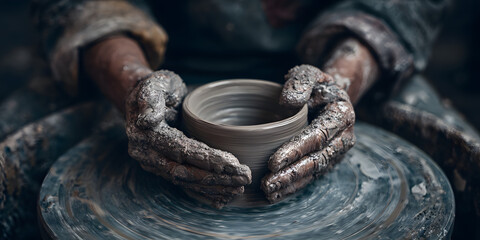 Hands Cradling a Pottery Wheel in a Warm Artisan Studio