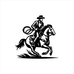 Fototapeta premium Cowboy with Lasso Vector Logo – Wild West Rodeo Silhouette Design on White Background