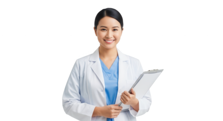Asian Female Doctor Holding Clipboard Smiling Professionally in a White Coat