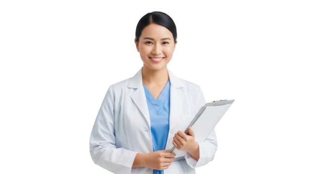 Asian Female Doctor Holding Clipboard Smiling Professionally in a White Coat