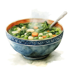 Hot Soup Bowl Winter, watercolor drawing vector, isolated on a white background.