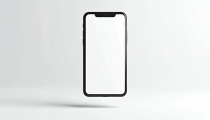 A modern smartphone with a black frame and a blank white screen, floating in the air.