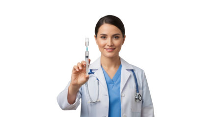 A Smiling Female Doctor Wearing a White Lab Coat and Stethoscope Holds a Syringe Prepared for Injection