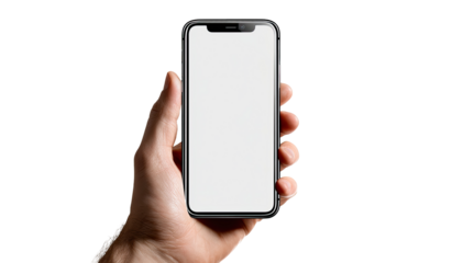 Close-up of a hand holding a blank smartphone. The device is dark gray, rectangular, and displays a white, empty screen