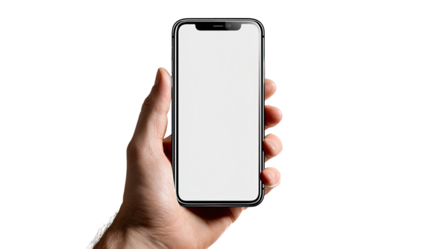 Close-up of a hand holding a blank smartphone. The device is dark gray, rectangular, and displays a white, empty screen