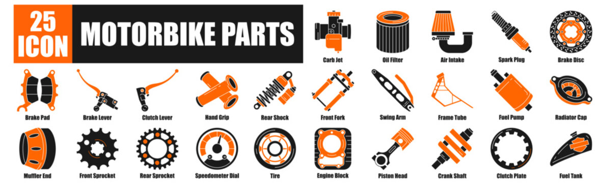 Motorbike Parts icon pack dual tone collection set Carb Jet, Oil Filter, Air Intake, Spark Plug, Brake Disc.