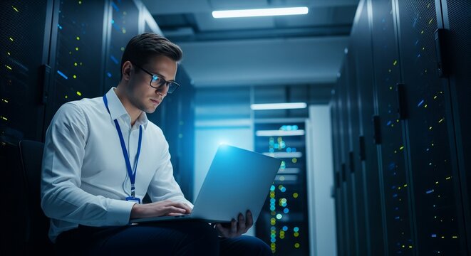 Technician working on a laptop in a server room, data center, it support, networking, technology, computer, maintenance, 
