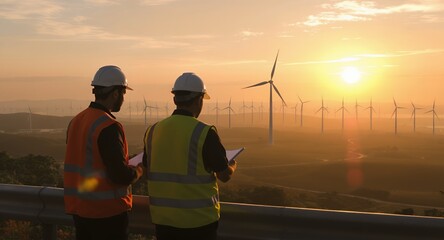 Two engineers reviewing plans at sunrise overlooking a wind farm