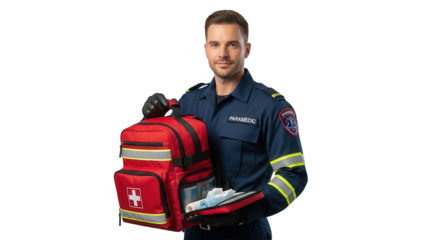 Paramedic with Medical Bag and Equipment Ready for Emergency Response Providing Healthcare Assistance