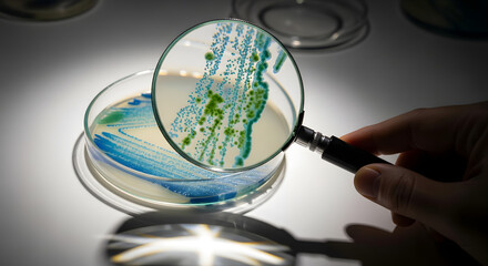 Microscopic Exploration: A scientist uses a magnifying glass to examine a petri dish, highlighting a vibrant, microscopic world, signifying scientific inquiry and laboratory investigation.