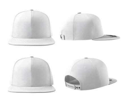 Four views of a blank, white baseball cap.  Flat bill, classic style