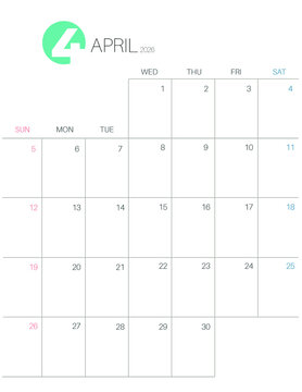 April 2026 Calendar Universal US Letter Size