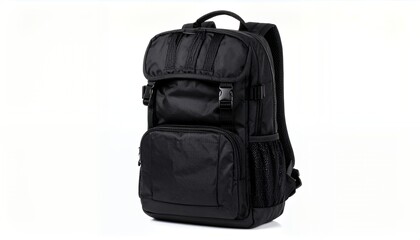 Naklejka premium Black backpack with multiple compartments and straps, suitable for travel or everyday use.