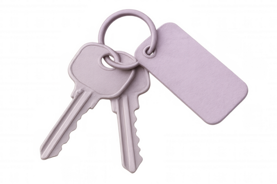 Pink keys dangling from metal ring, blank label visible, transparent background highlighting minimalist security symbol for real estate, access concepts