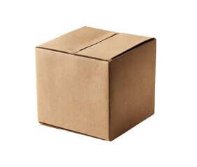 A closed light brown cardboard box, square and upright