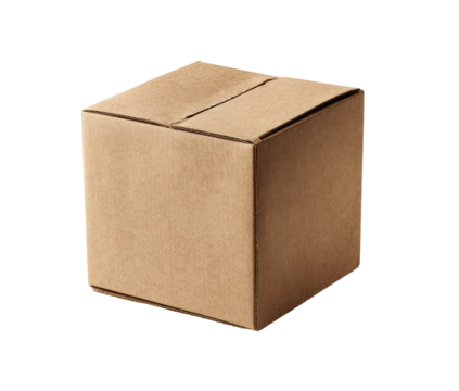 A closed light brown cardboard box, square and upright