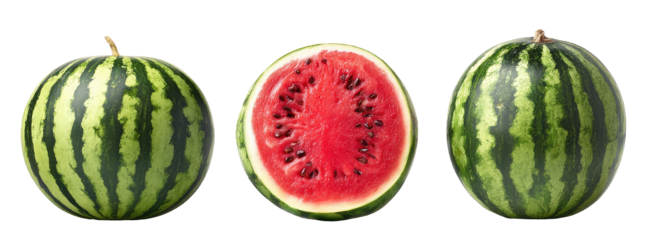 Three watermelons; one whole, two halves, displaying the green rind and red flesh