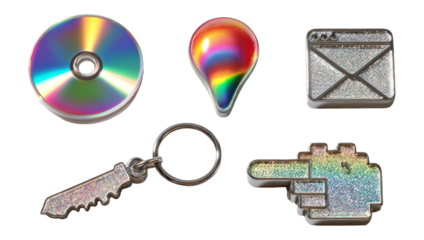 Vibrant and Shiny Icons of a Key, Disk, Drop, Envelope, and Hand with Rainbow Effect
