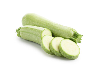 Fresh whole and cut zucchinis isolated on white